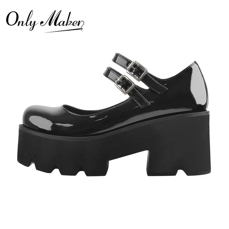 Onlymaker Women Platform Mary Jane Shoes Pumps Ankle Buckles Black Patent Leather Sweet Large Size Concise Round Toe Shoes