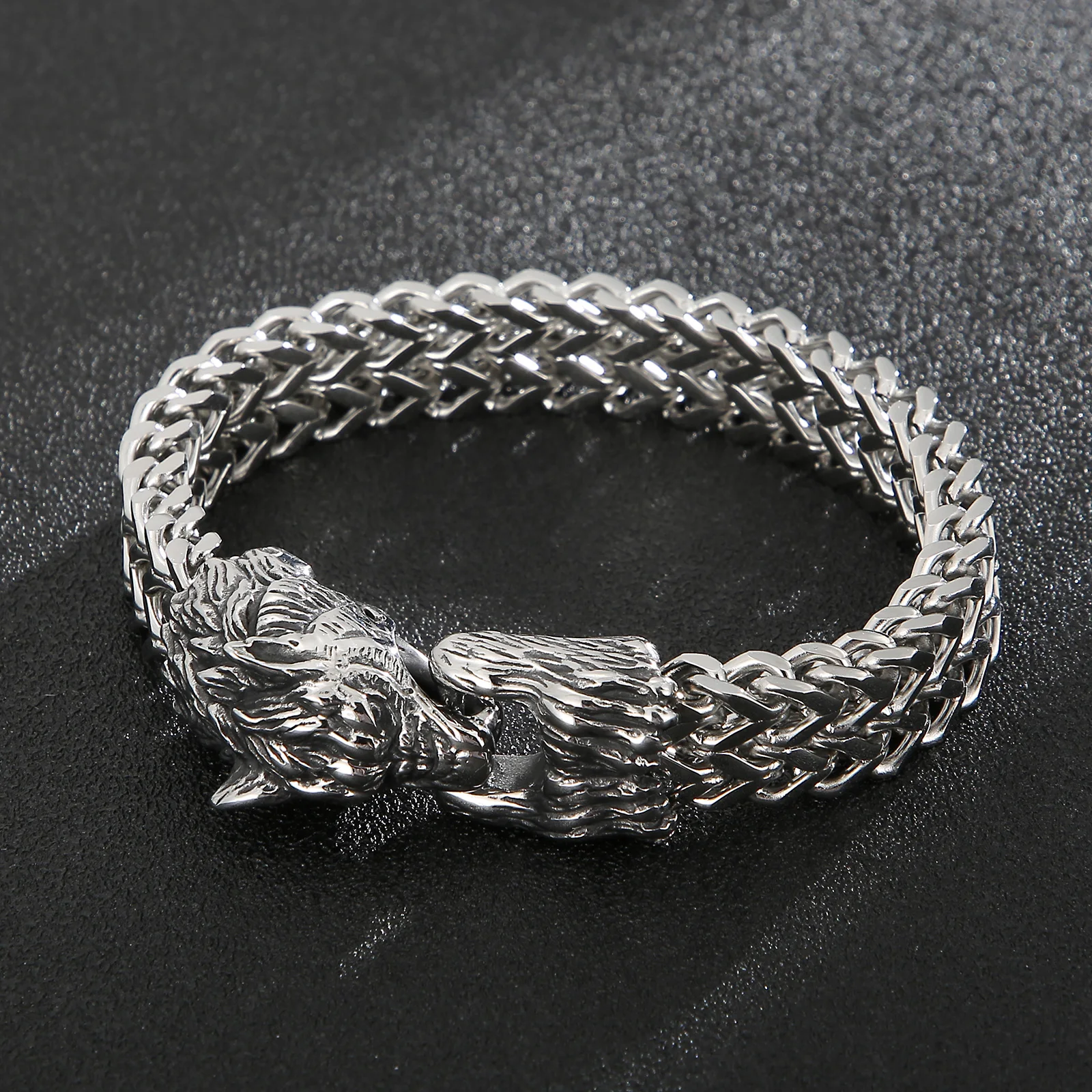 Fongten Wolf Head Animal Punk Men Bracelet Viking Retro Stainless Steel Wristband Charm Trendy Mesh Chain Bangle Jewelry image 2