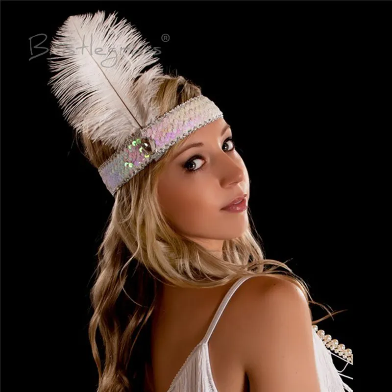 BRISTLEGRASS 1 PCS Blue 1920s Ostrich Feather Sequined Headband Flapper Headpiece Headwear Carnival Ball Party Fancy Costume