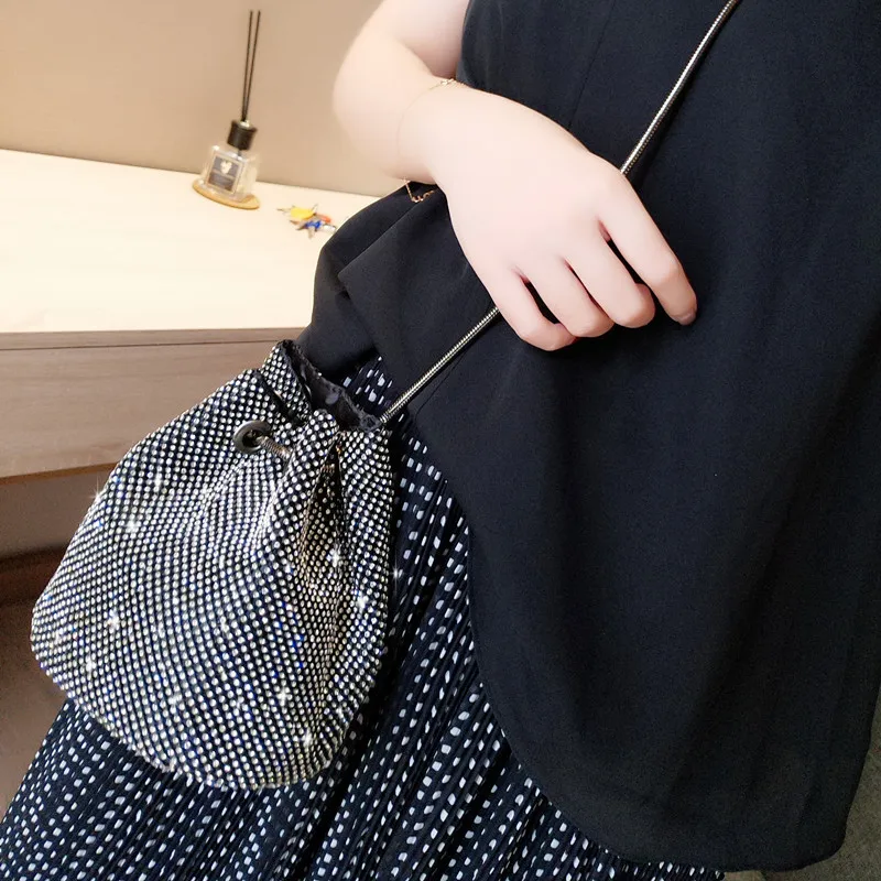 Bolso de noche con cordón para mujer con diamantes de imitación de lujo, bolso de fiesta femenino de gran capacidad, bolso de mano tipo cubo, bolso