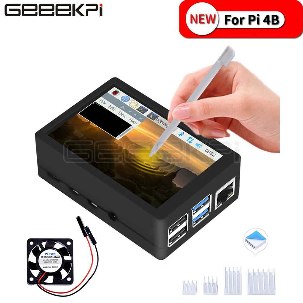 GeeekPi – Kit écran tactile résistif Pi 4B, 480x320, 3.5 pouces, moniteur TFT avec boîtier ABS, ventilateur de refroidissement, dissipateurs de chaleur