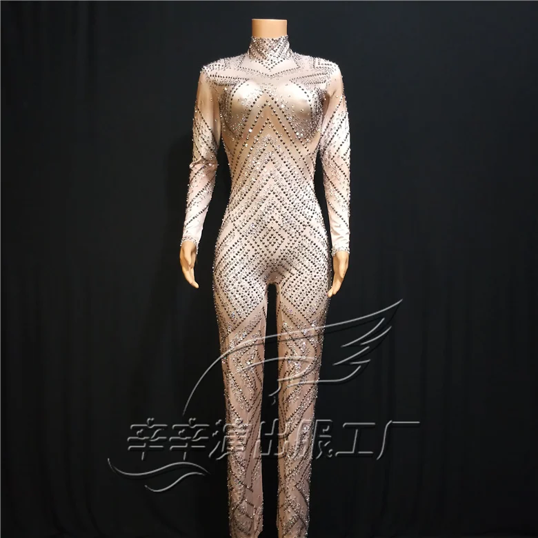 2020 Women New Sparkly Glass Stones Leotard Jumpsuit Silver Rhinestones Stretch Prom Party Singer Costume Nightclub Stage Wears