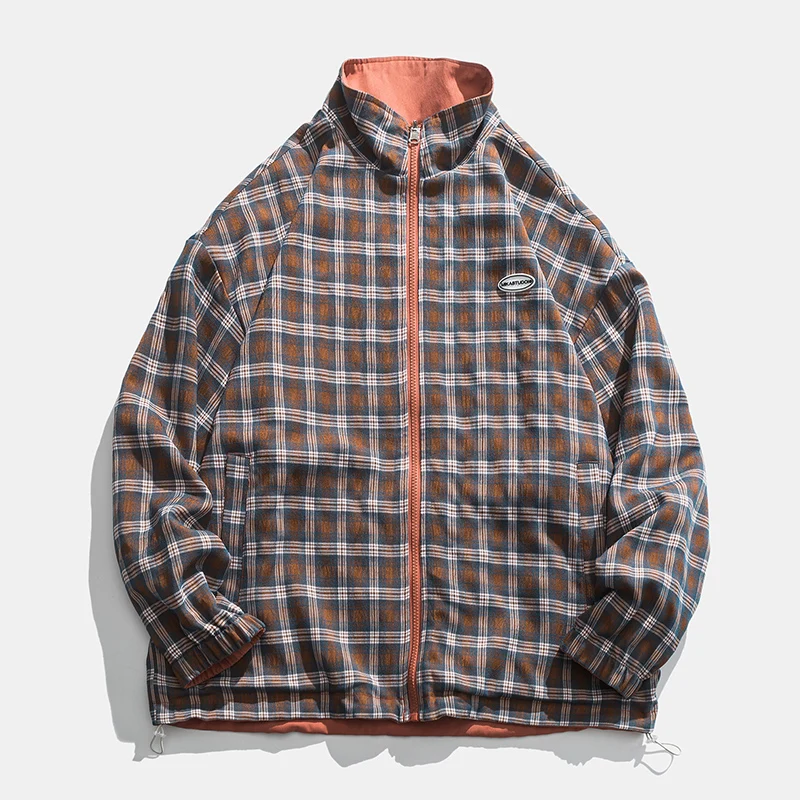 2021 neue Mantel Frühling Herbst Ständer Lässige Jacke Männer Koreanische Reversible Plaid Mode Alle Spiel Lose Fit Jacken Männer Frauen