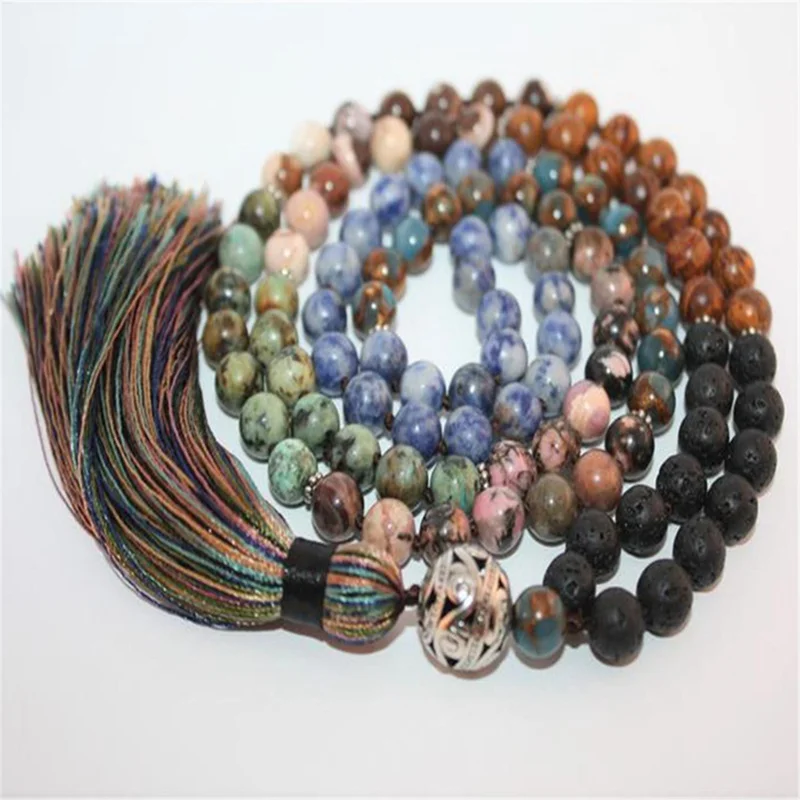 

8mm 7 Chakras Stone 108 Beads Handmade Tassel Necklace Tibetan Chakra Prayer Mala