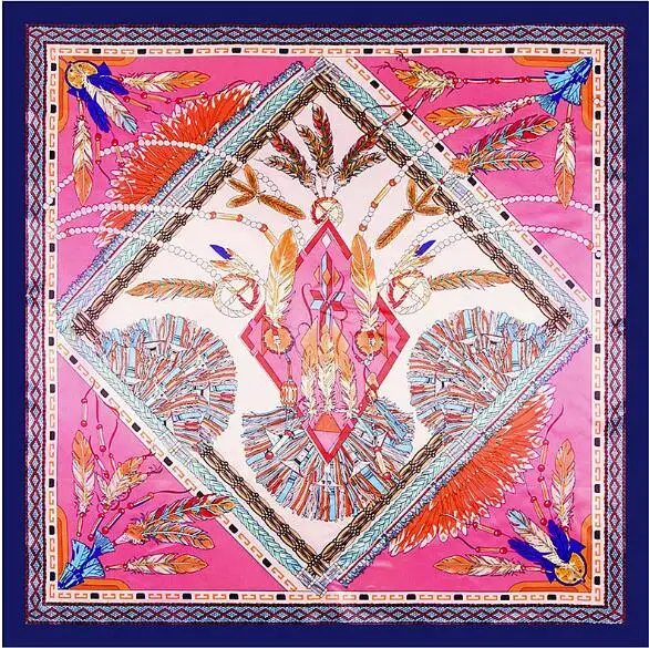 90cm x 90cm Luxury Brand Silk Scarf Women Square Scarves Indian Famous Feather Silk Shawl Wraps Hijab Bandana