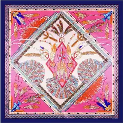 90cm x 90cm Luxury Brand Silk Scarf Women Square Scarves Indian Famous Feather Silk Shawl Wraps Hijab Bandana