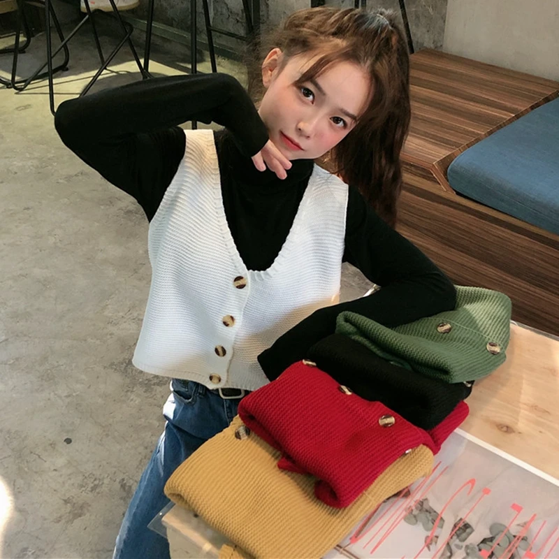 Vintage Sweater Vest Spring Autumn Winter V Neck Sleeveless Knitted Top Korean Ladies Girls Black White Green Red Yellow Vest