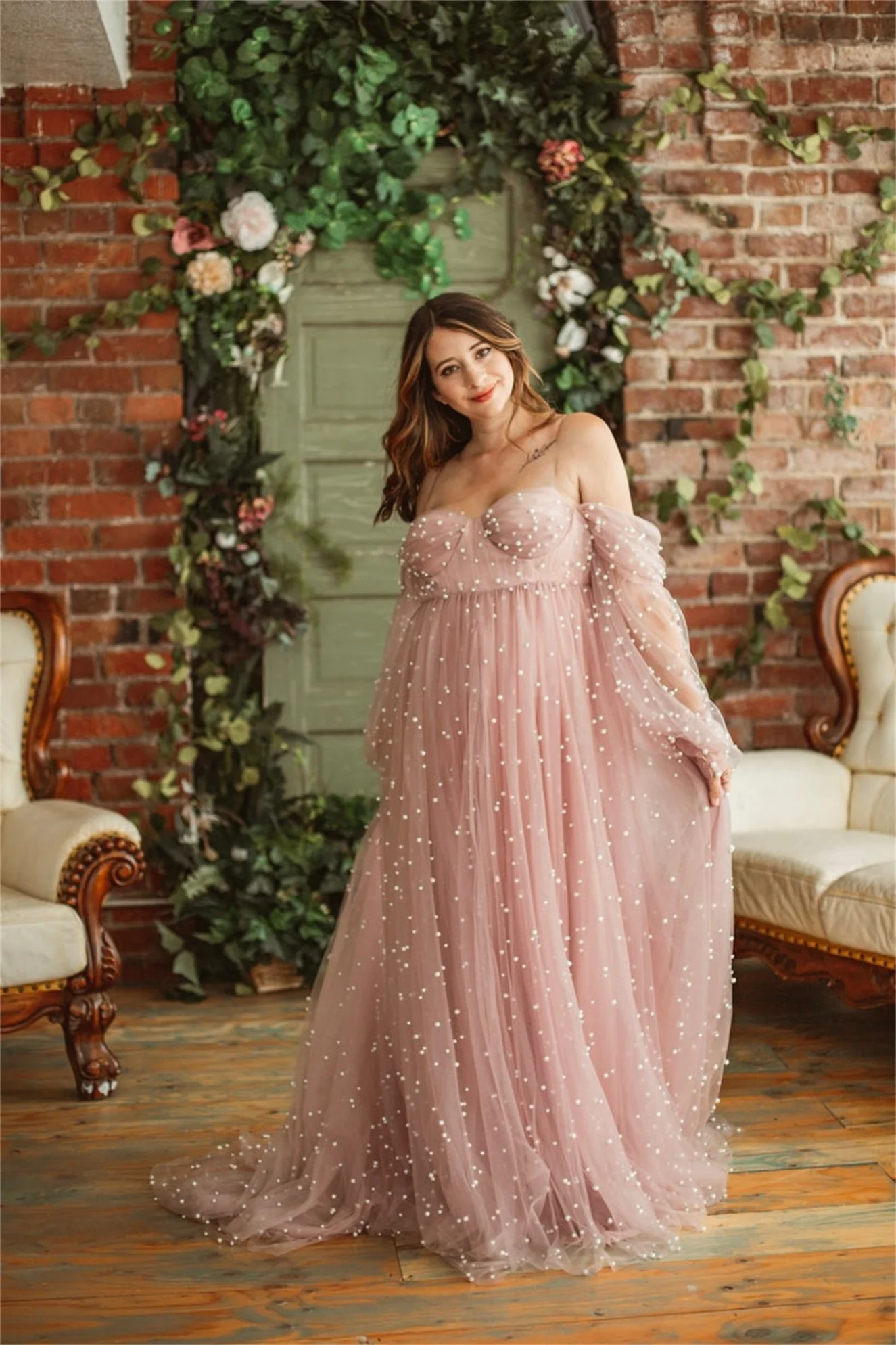 โรแมนติกสีชมพูคลอดบุตรชุดสำหรับ Babyshower Sweetheart Pearl Tulle ชุดคลอดบุตรการถ่ายภาพการตั้งครรภ์ผู้หญิงชุดยาว