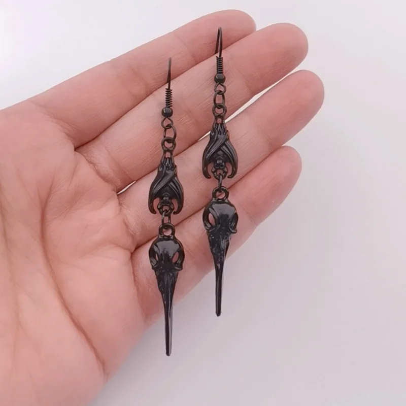 Halloween Bat Earring , Skull Bird and Bat Dangle Earrings , Raven Skull and Bat Earring