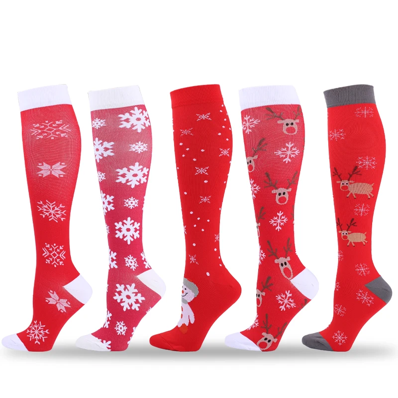 New Christmas Compressive Stockings Snowflake Socks Compression Sports Running Nylon Relieve Muscle Fatigue and Varicose Veins