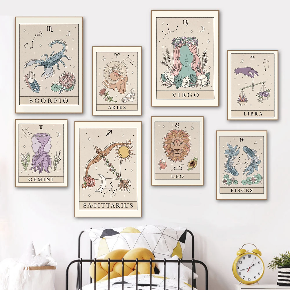 Bohemian Zodiac Art Prints Canvas Tarot Cards Inspired Astrology Virgo Cancer Libra Poster Pictures Bed Room Nordic Wall Decor.t