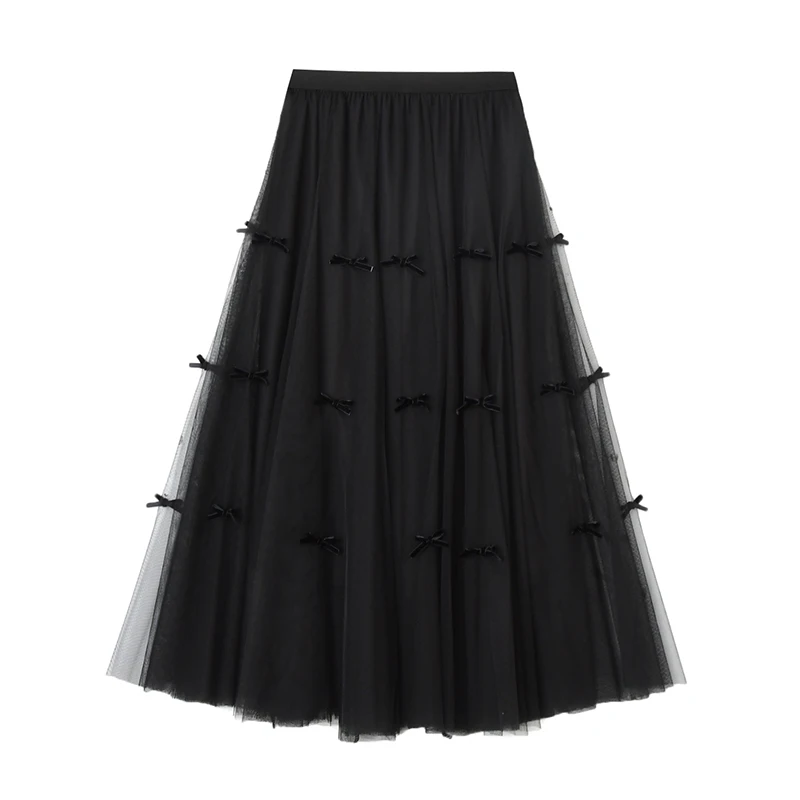 

Cute Bow Mesh Skirt Women Korean Fashion Elastic High Waist Pleated A Line Vintage Tulle Skirt Black Long Style Aesthetic 2021