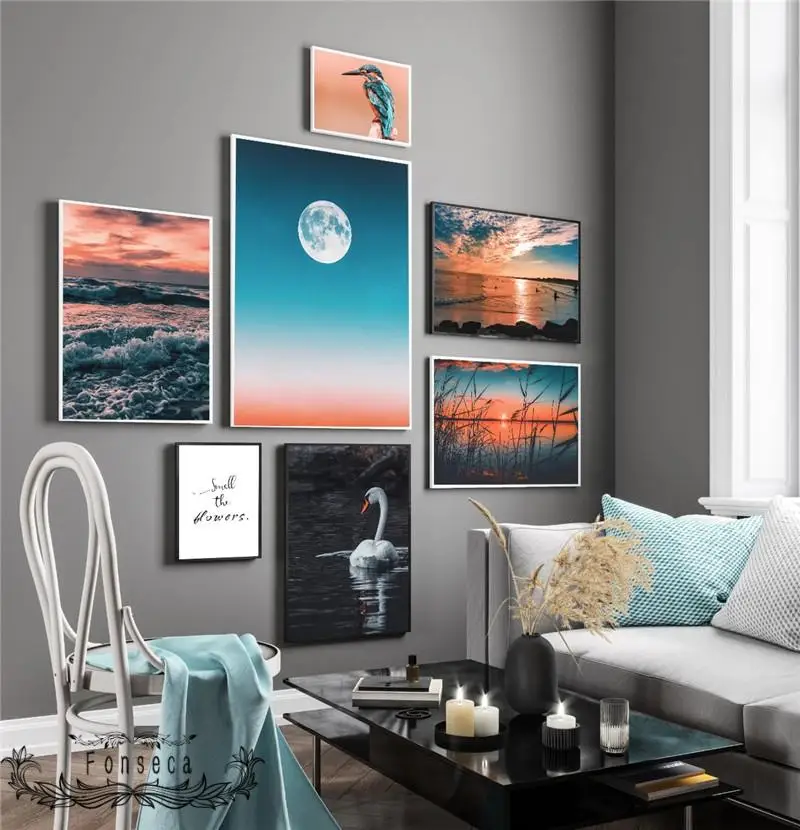 Dark Lake Swan Bird Canvas Painting Nordic Sunset Beach Scenery Posters and Prints Wall Art Smell The Blowers Quotes Picture