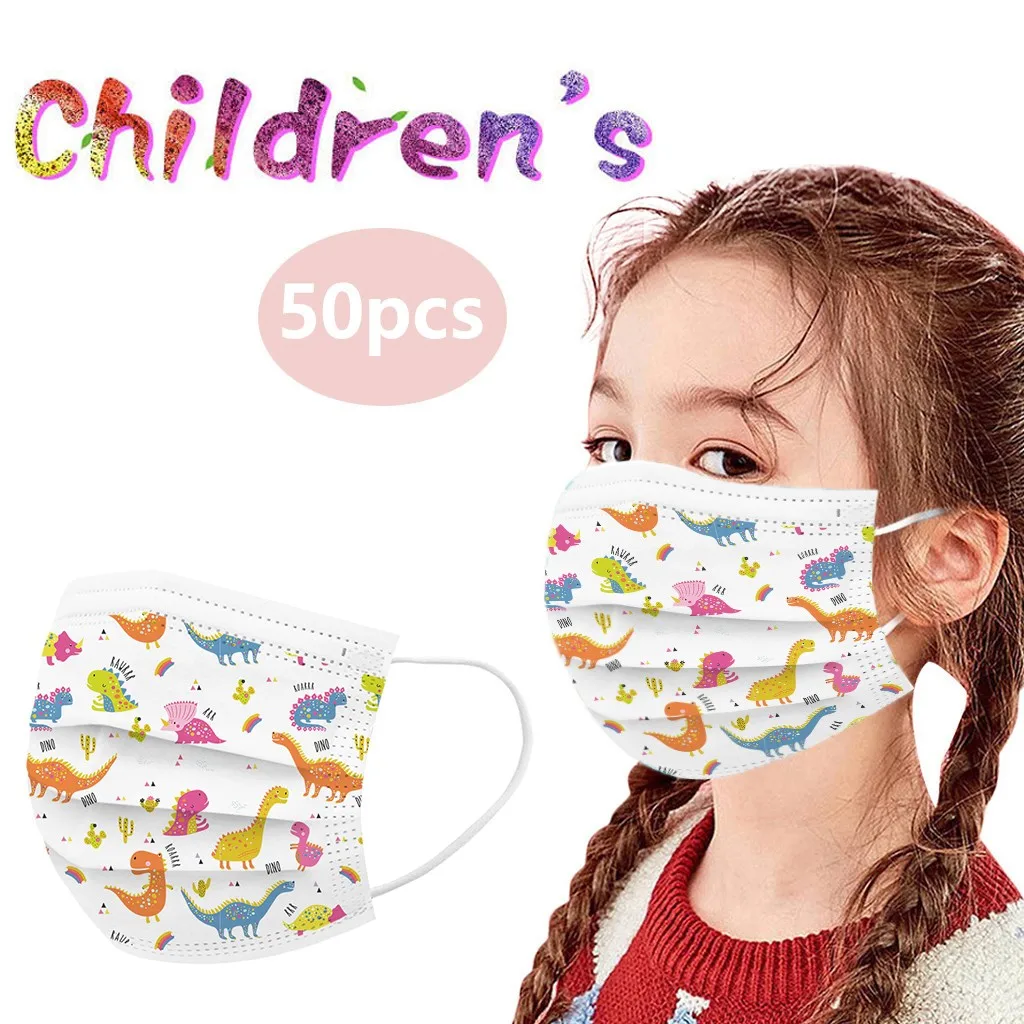 50pc Dinosaur Print Disposable Children Mask Lovely Print 3-layers Masks Face Mouth Masks Non Woven Anti-dust Face Masks Masque