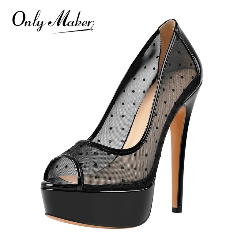 Onlymaker Women  Black Platform Peep Toe Mesh Spike Slip On Pumps Thin High Heels Party Dress Sexy Big Size Pumps