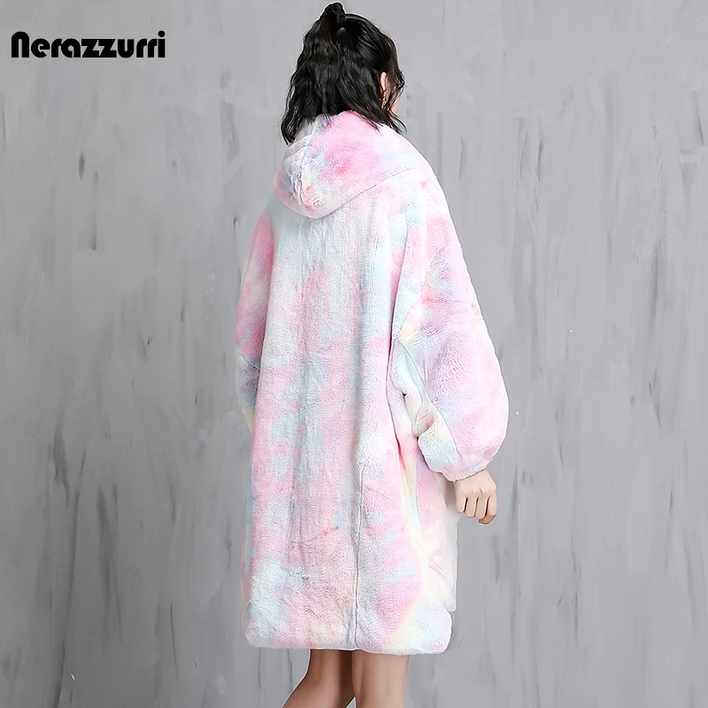 Nerazzurri Loose Tie Dye Hoodie Sweatshirt Women Winter Colorful Warm Thick Oversized Soft Faux Fur Jacket Designer Fashion 2022