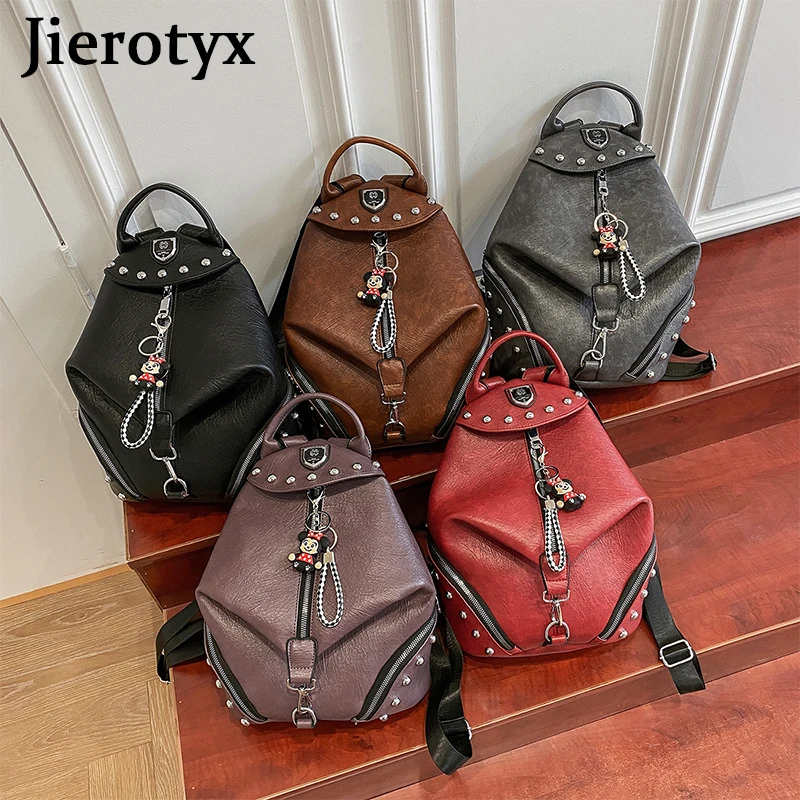 JIEROTYX Women Backpack Large Capacity Travel School Bags Fashion Punk British Style Female Rivets Shoulder Bags High Quality