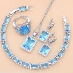 Square 925 Silver Bridal Jewelry Blue Cubic Zirconia Jewelry Sets For Women Earrings/Pendant/Necklace/Rings/Bracelet