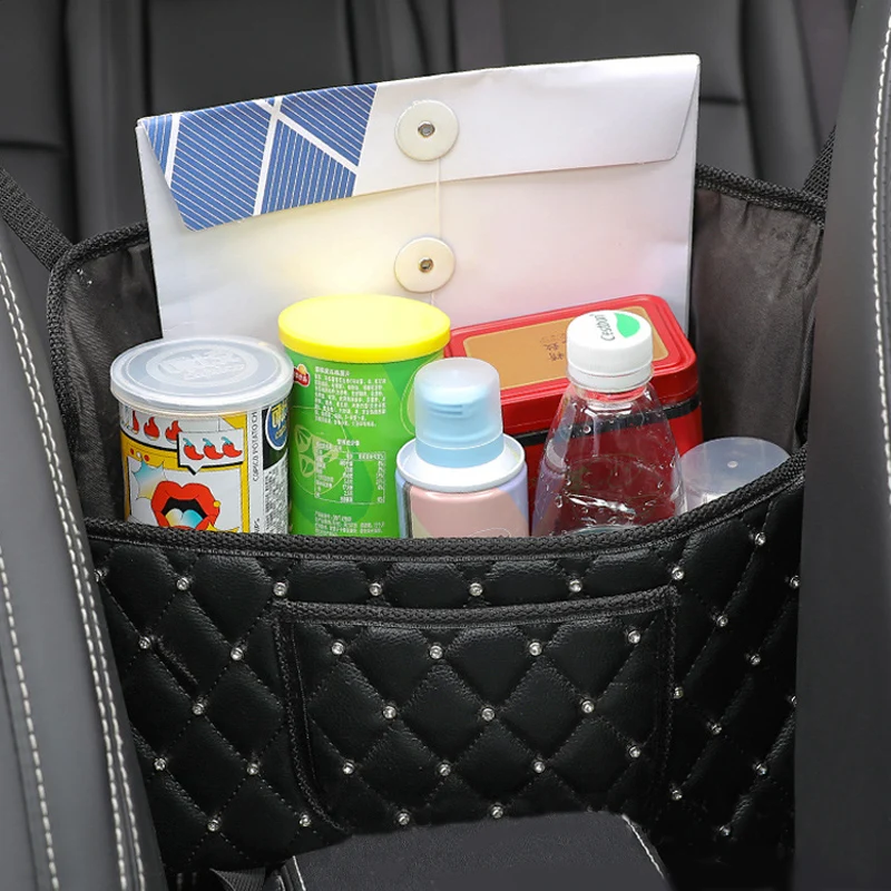 Bling Crown Rhinestone Car Center Seat Storage Bag Diamond Leather Multifunctional Car Seat Back Hanging Bag for Handbag Pocket