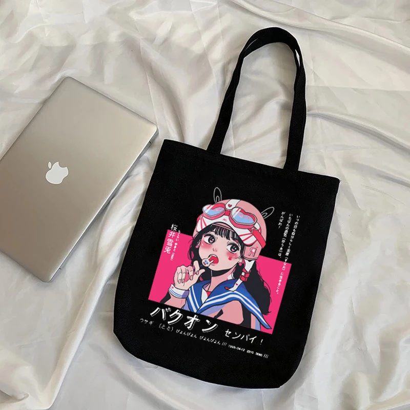 

Anime Print Reusable Shopping Bag Women Canvas Tote Bags Printing Eco Bag Cartoon Shopper Shoulder Bags y2k women bags 2020 sac