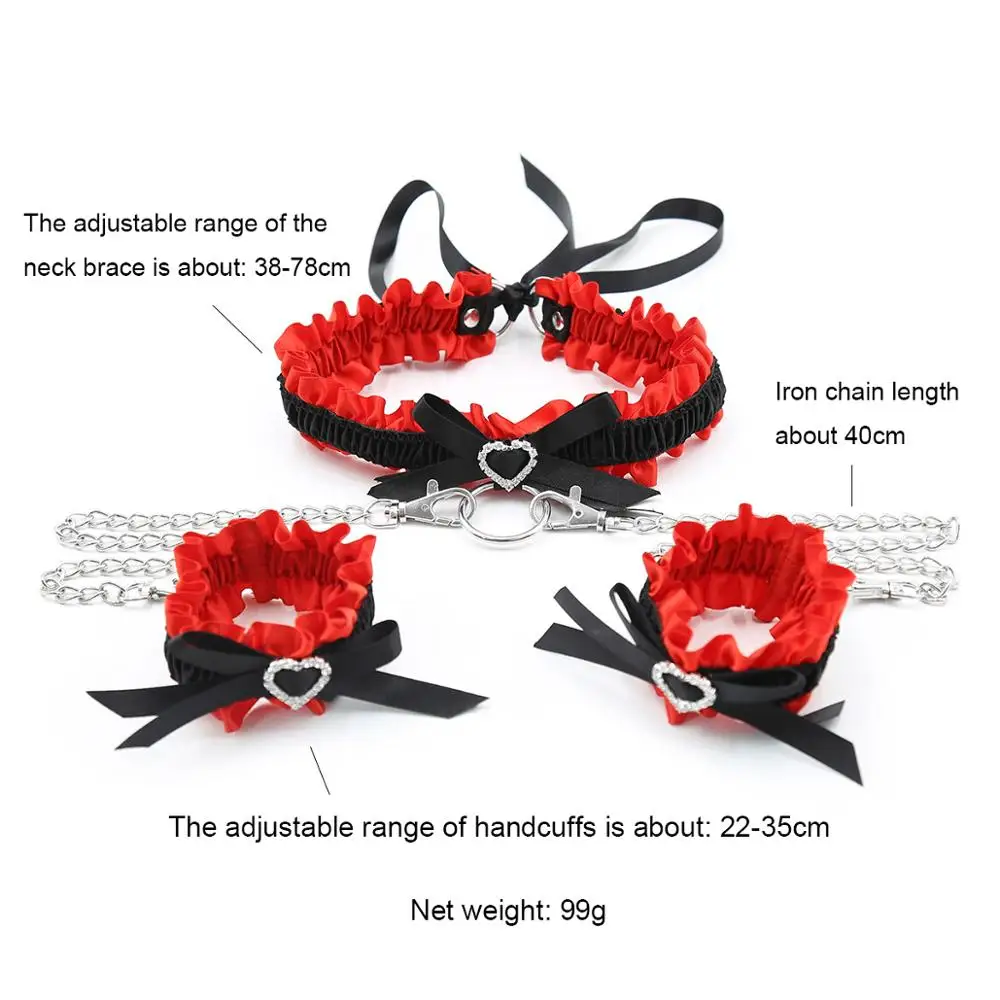 Erotic Goods BDSM Bondage Lace Bow Handcuffs Ankle Cuffs With Collar SM Restraints Sex Toys For Women fetish sex game sex tools - view 6