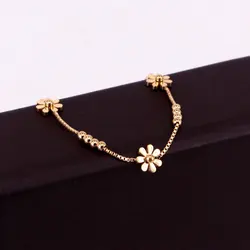 High Quality Box Chain Chrysanthemum And Beads Woman Anklet Stainless Steel Gold And Rose Color Gift