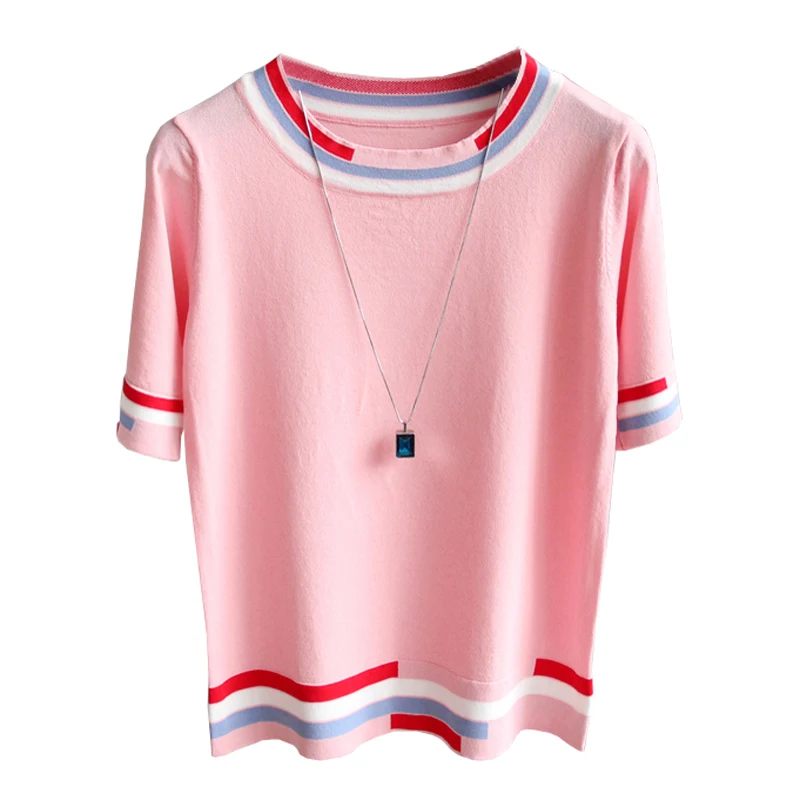 Striped Hit The Color Thin Summer Women Sweater Knitted Elastic Short Sleeve 2024 Woman Clothes Sweater Womens Pullovers Femme