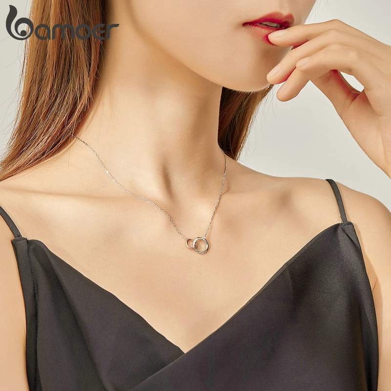 bamoer Double Circle Chain Necklace for Women Rose Gold Color 925 Sterling Silver Miss & Love Wedding Fine Jewelry BSN159