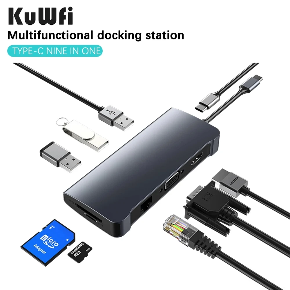 Kuwfi USB C Hub 9-in-1 USB C Adapter with 4K USB C to HDMI VGA PD Charging TF Card Reader/USB3.0 SD USB C Dock for MacBook Pro