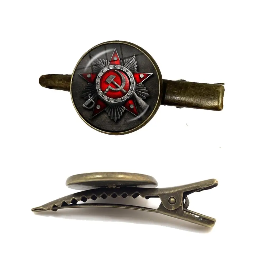 CCCP USSR Soviet Army Red Star Tie Clip Glass Cabochon Art Round Russian Badges LOGO Antique Bronze Tie Clasp For Men Shirt