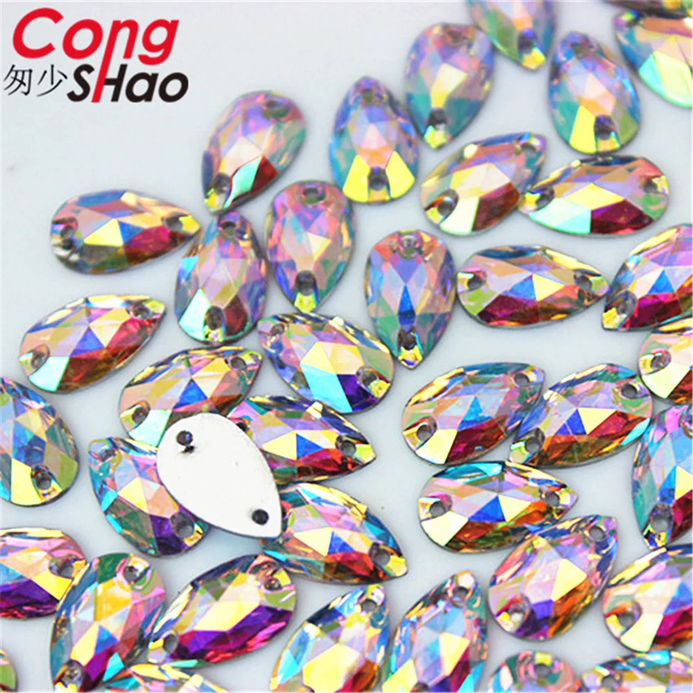 Cong Shao 50-200pcs 6*12/7*12 millimetri Forma di Goccia Cristalli AB di Strass Flatback Cucire 2 foro di Pietre di Resina Per Il FAI DA TE Abito Da