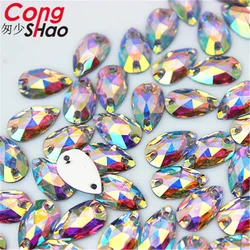 Cong Shao 50-200 sztuk 6*12/7*12mm spadek kształt kryształy AB Rhinestone Flatback szycia 2 otwory kamienie żywica dla DIY suknia ślubna WC66