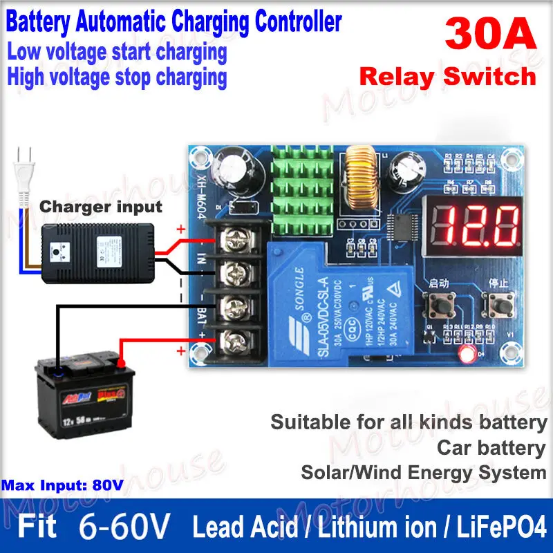 30A Battery Automatic Charger Controller Module Protection Board Relay Switch for 6V-60V Lead Acid/ Lithium Ion/ LiFePo4 Battery