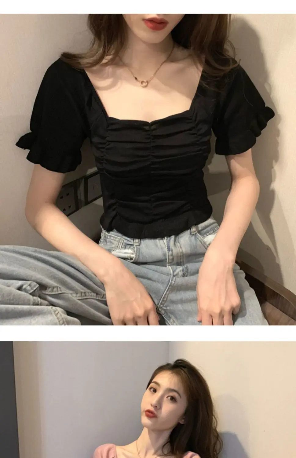 Gestrickte Modische Bluse Damen Rüschen Jugendlich Elegant Sommer Crop Top Sexy Figurbetonte Bluse Kurzarm – Detail 12