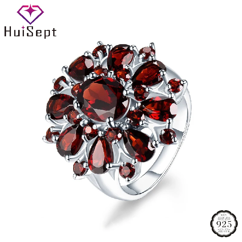 HuiSept Classic Women Ring 925 Silver Jewelry with Ruby Gemstone Flower Shape Finger Rings for Wedding Party Gifts Accessories