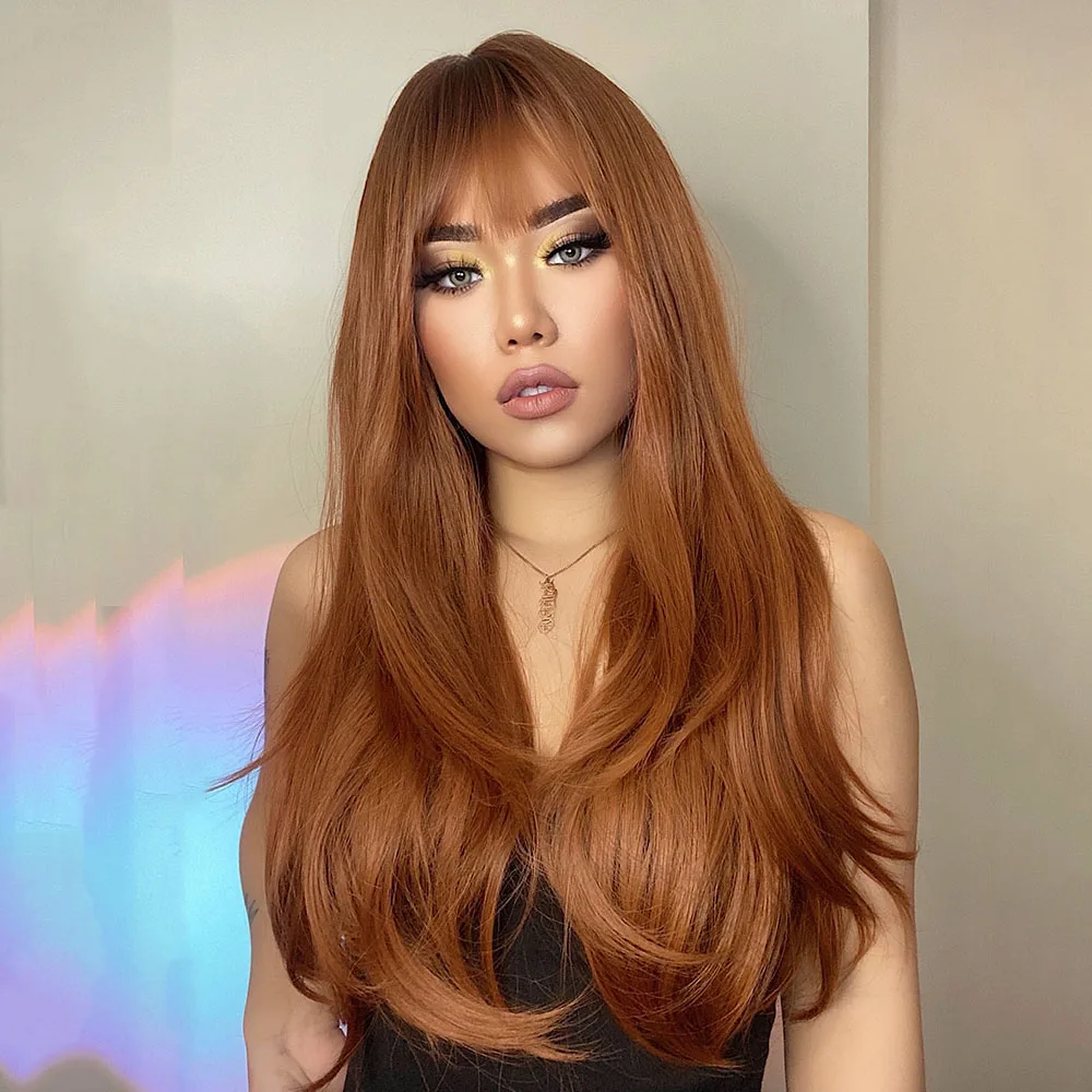 HENRY MARGU Ombre Red Brown Copper Ginger Long Synthetic Wig for Women Natural Wave Wigs with Bangs Heat Resistant Cosplay Hair