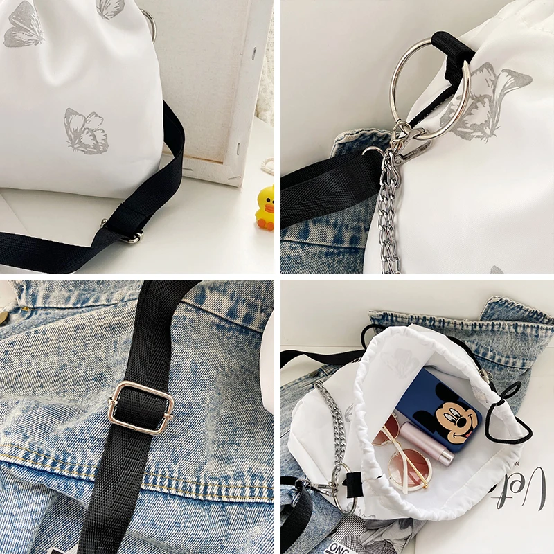 JIEROTYX Fashion Luminous Butterfly Retro Shoulder Bucket Bag For Women Drawstring Sexy Chain Shoulder Bags Lady Handbag Punk