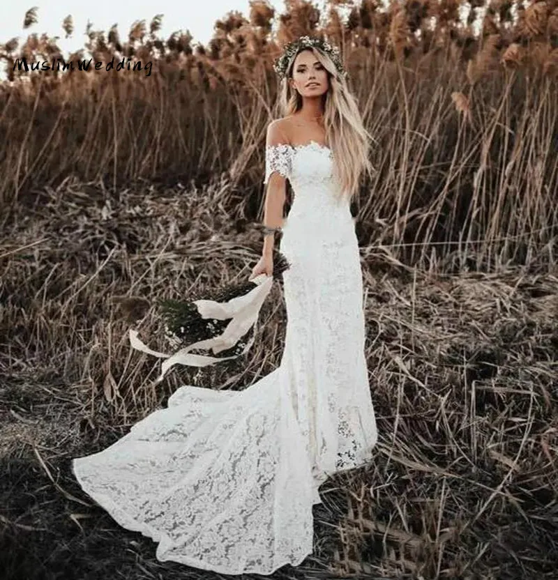 Vestido de novia de sirena de encaje, manga corta, bohemio, barato, 2020