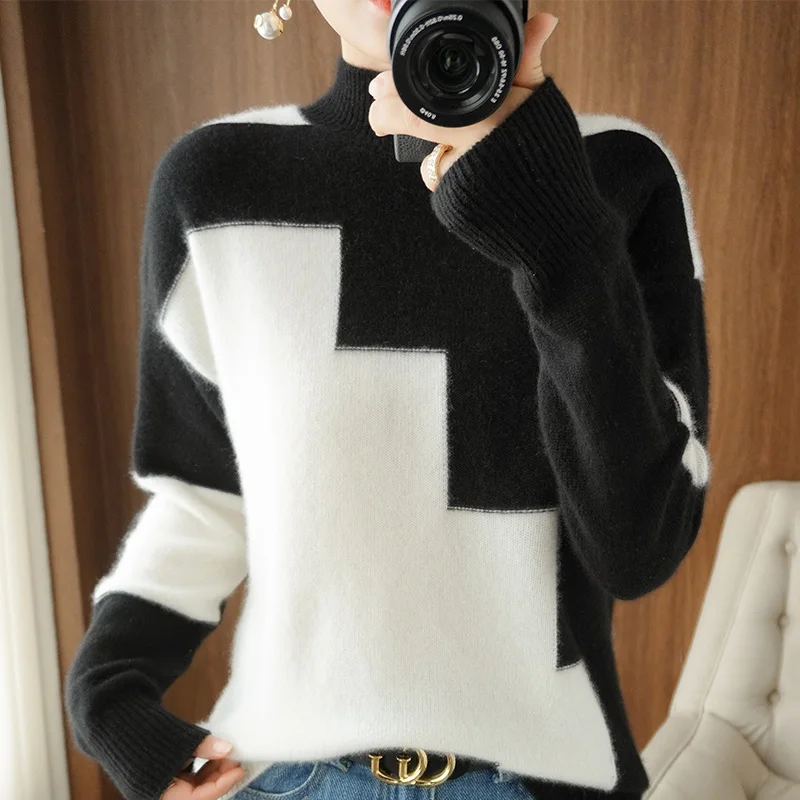 Autumn And Winter New 100% Pure Wool Women\'s Round Neck Pullover Top Loose Fashion Warm And Comfortable Knitted Elegant Sweater