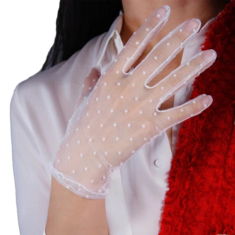 Women Summer Sunscreen Anti-UV Lace Driving Mittens Female Thin Transparent Mesh Flocking Polka Dot Wedding Dress Gloves L84