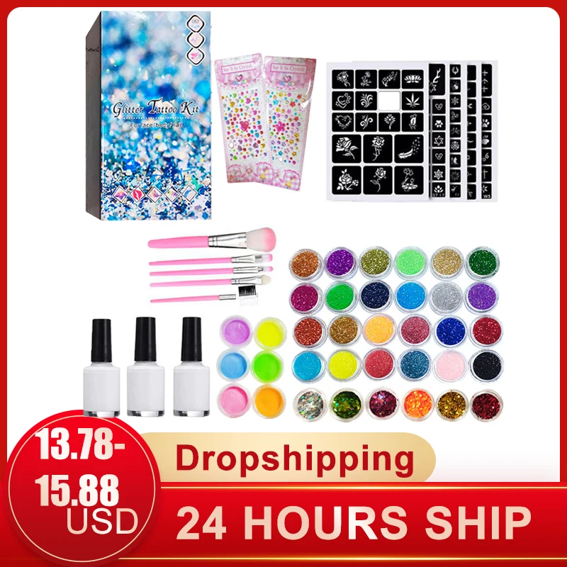 Glitter Tattoo Kits 200 Templates Diamond Flash Temporary Tattoo Kits With Brushes Kids Adult Face Body Painting Art Tools Set