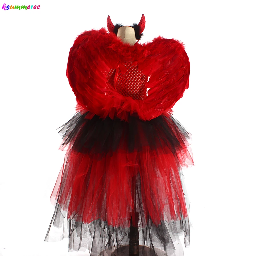 Girls Devil Witch Tutu Fancy Dress with Horns Wing Wand Red Black Bustle Halloween Costume Kids Cosplay Carnival Party Dresses