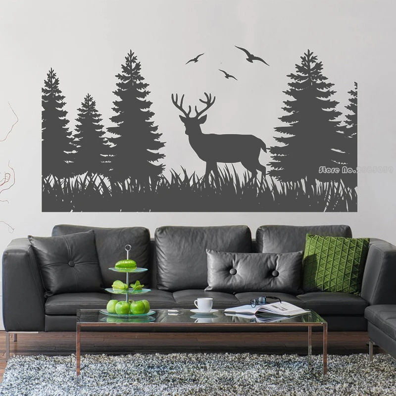 Forest Scene Wall Decal Deer And Birds Big Trees Vinyl Wall Stickers Decor Kids Wall Stickers Baby Room Fine Decor Mural LL875