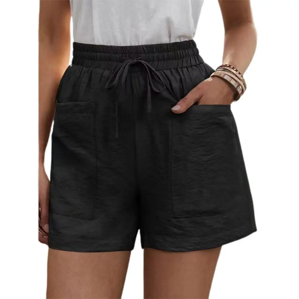 Women Shorts High Waist Cotton Flax two big pockets Bottoms drawstring shorts Elastic Waist Loose pantalones cortos de mujer