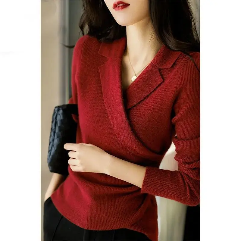 Women Sweater French Office Lady Vintage Fashion Full Solid Irregular Spring Autumn Solid Woman Sweaters Euro-America Style