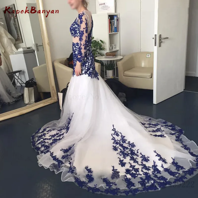 Generous Blue Lace Applique Illusion Tulle Mermaid Evening Dress with Long Sleeves Zipper