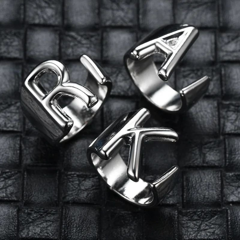 Hollow A-Z Initials Letter Name Ring Silver Color Stainless Steel Adjustable Open Alphabet Ring for Women Men Party Jewelry Gift