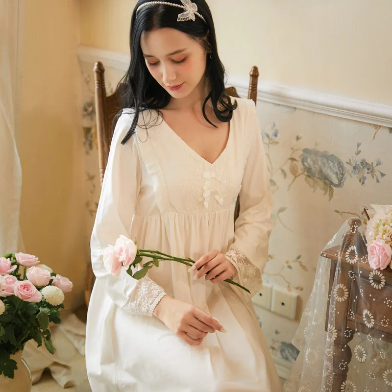 

Women White Sexy Sleepwear Night Dress Long Bow Lace V Neck Female Nightwear Homewear Nightgown Court Mesh