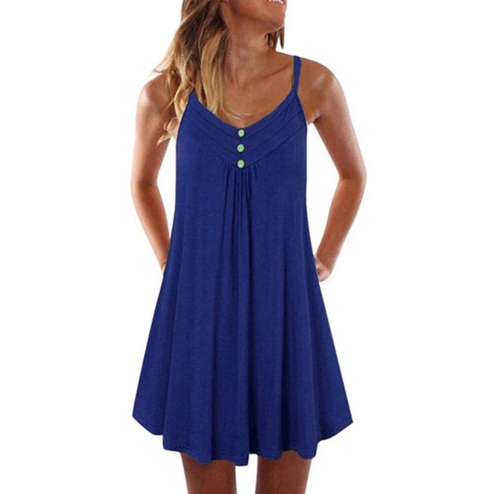 Vestido de verano Sexy sin mangas con cuello en V para mujer, plisado con botones, dobladillo grande, bohemio, hasta la rodilla, informal, suelto
