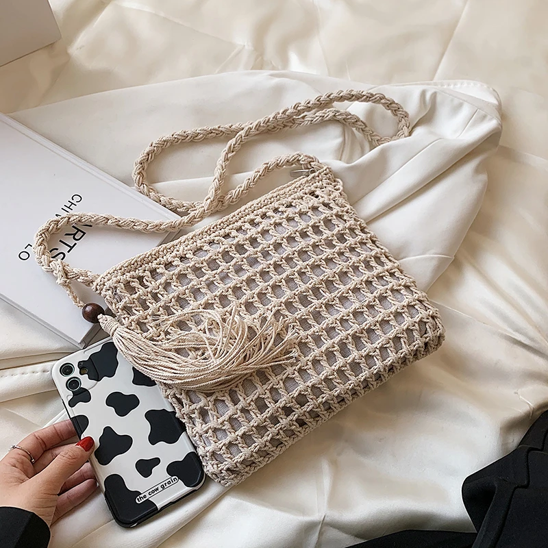 Hollow Out Tassel Stro Weven Strand Tas Grote Schoudertas Crossbody Tassen Vrouwen Casual Tote Bolsos De Playa 2021 Handtassen Sac een Belangrijkste